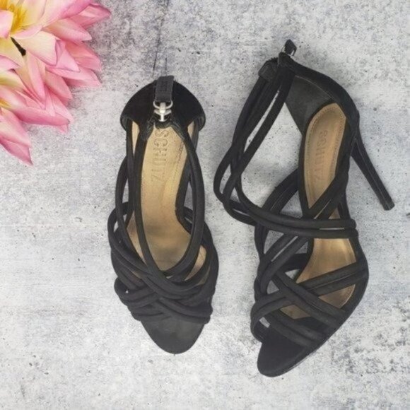 Schutz | Glassy Strappy Black Suede Heeled Sandals Size 6.5 - Picture 1 of 8